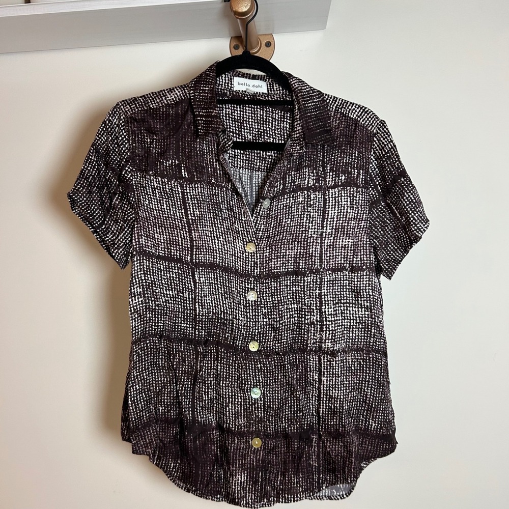 Bella Dahl Women Brown White Abstract Dot Grid‎ Button Down Shirt Small